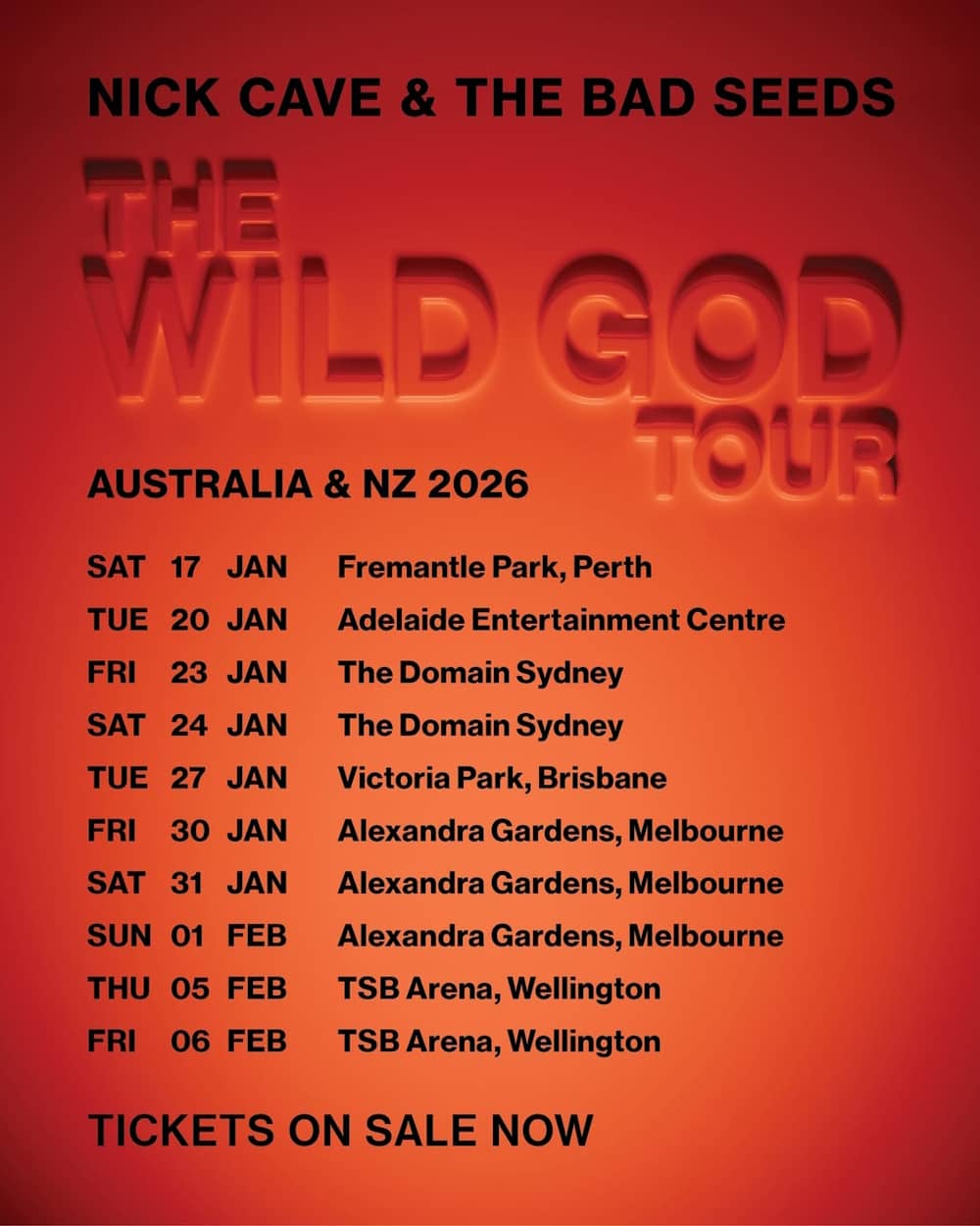 NICK CAVE & THE BAD SEEDS - THE WILD GOD TOUR -AUSTRALIA & NEW ZEALAND 2026